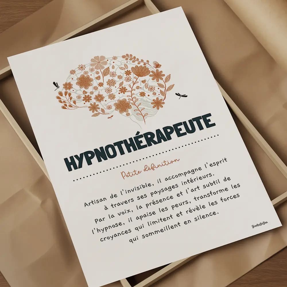 Cerveau floral orangé, orné d’une libellule et d’un papillon, évoquant la poésie du métier d’hypnothérapeute.
