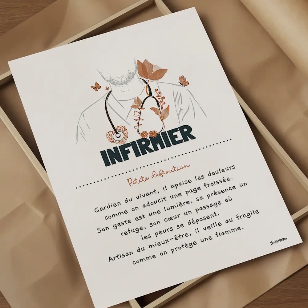 Définition infirmier Illustration orangée montrant un infirmier entouré d’un stéthoscope fleuri, de papillons et une définition poétique du métier