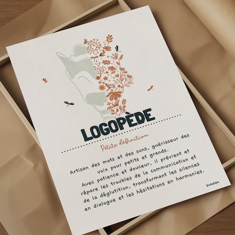 Définition logopède Dessin d'un larynx dont la moitié droite est composée de fleurs avec la définition du logopède