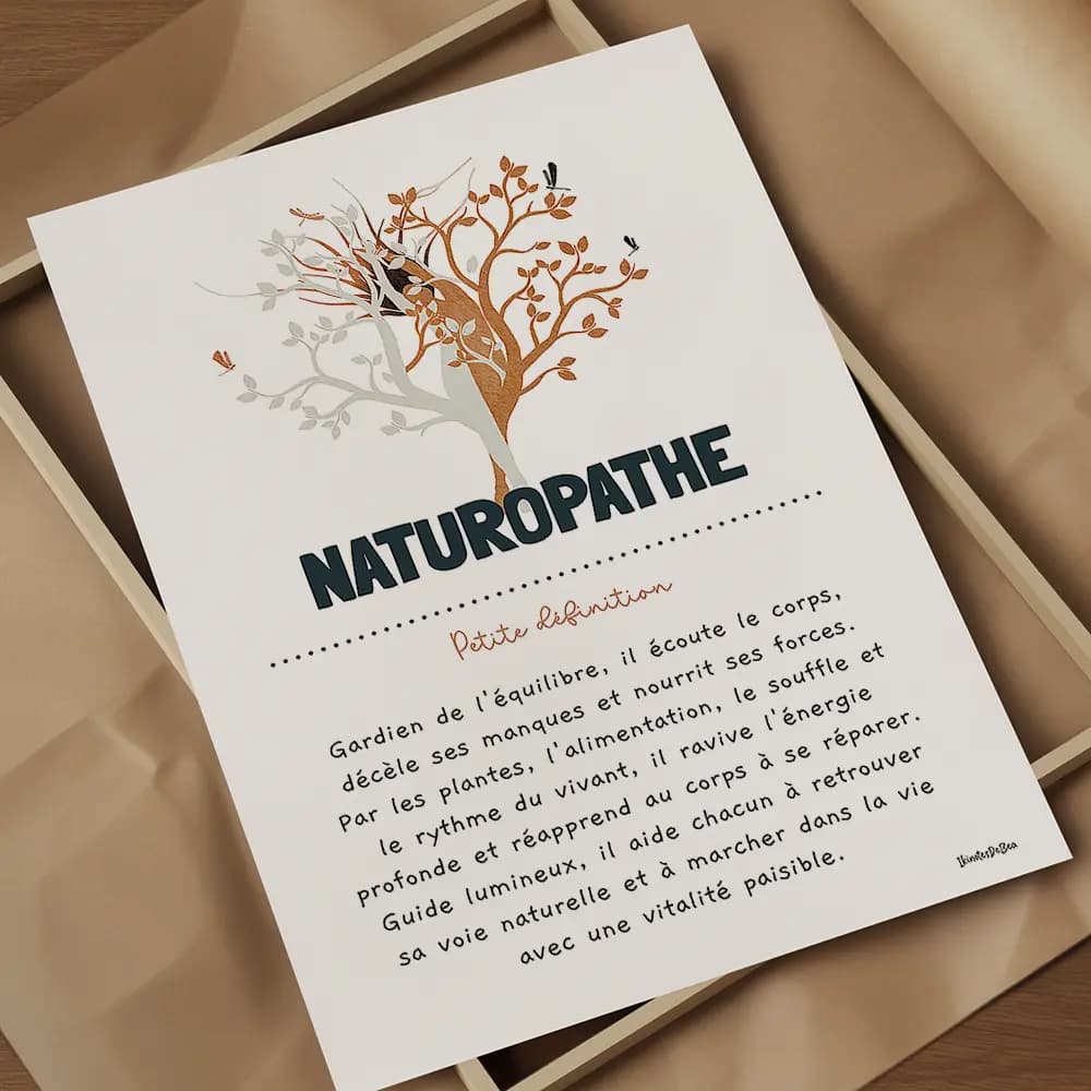 Définition naturopathe Femme fusionnée à un arbre, silhouette esthétique accompagnée d’une définition poétique du métier de naturopathe.