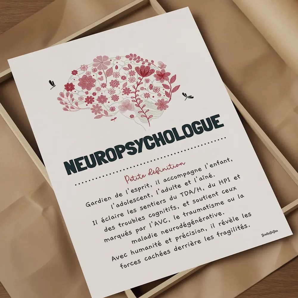 Illustration rose d’un cerveau fleuri, avec un texte poétique définissant le rôle du neuropsychologue.