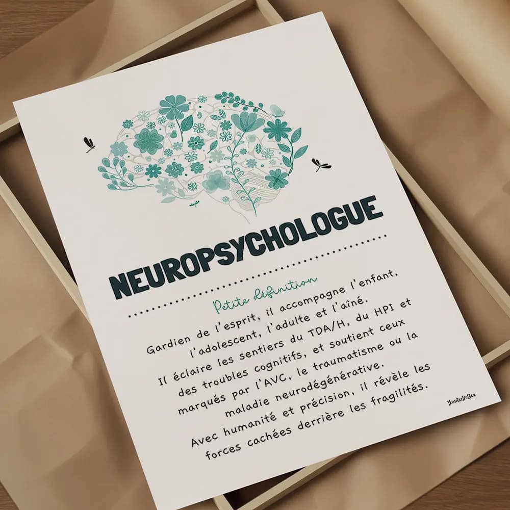 Illustration turquoise d’un cerveau fleuri, avec un texte poétique définissant le rôle du neuropsychologue.