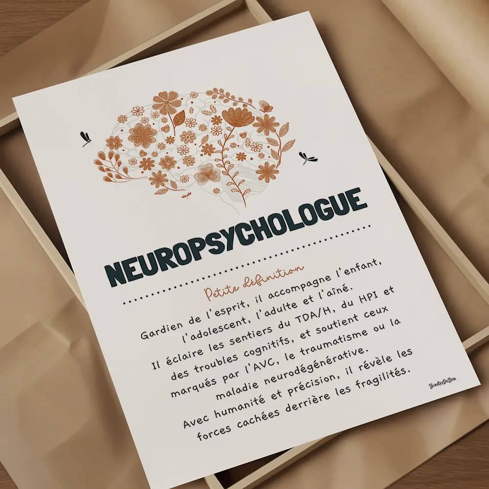 Définition neuropsychologue Illustration orangée d’un cerveau fleuri, avec un texte poétique définissant le rôle du neuropsychologue.