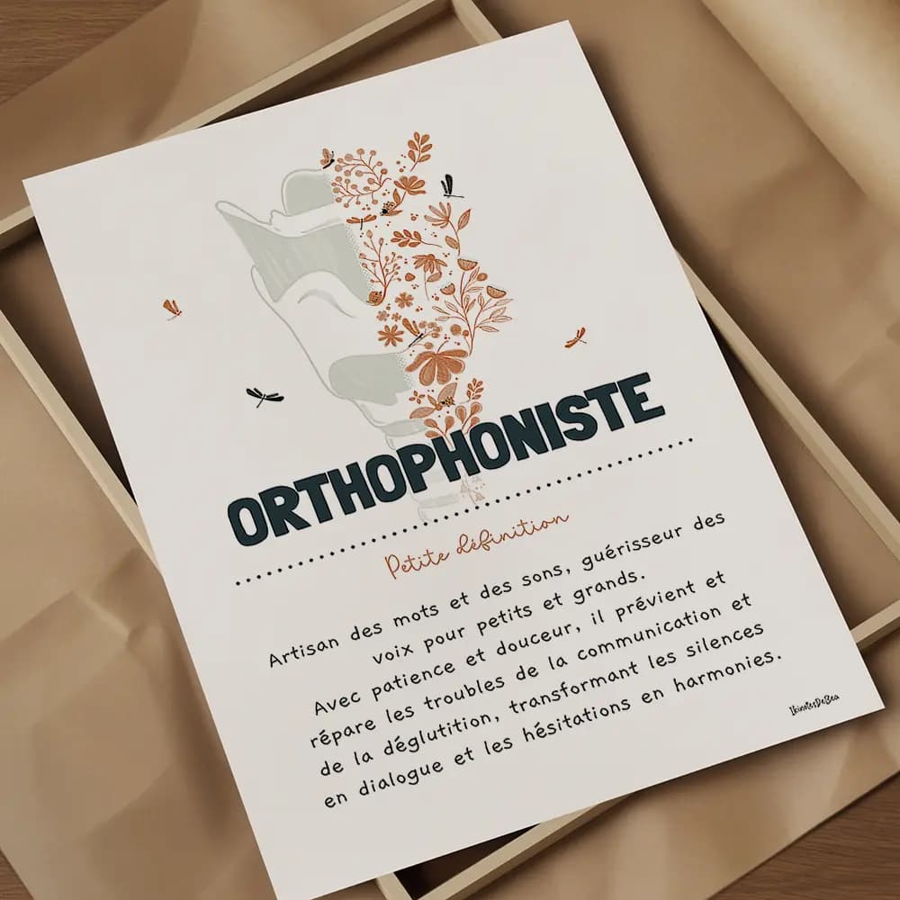 Dessin d'un larynx dont la moitié droite est composée de fleurs avec la définition de l'orthophoniste.