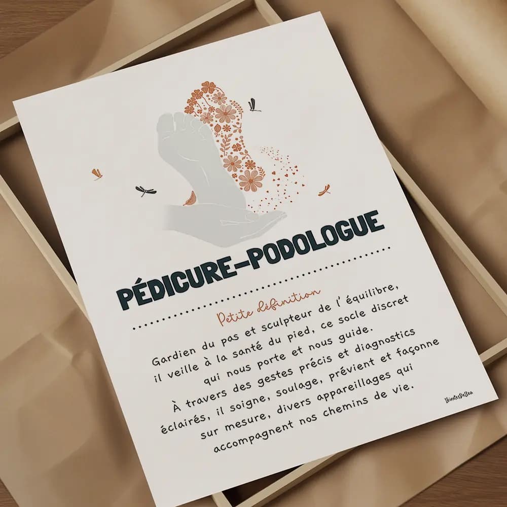 Définition Pédicure-podologue Dessin de pieds à moitié fleuri accompagné d’une définition poétique du métier pédicure podologue