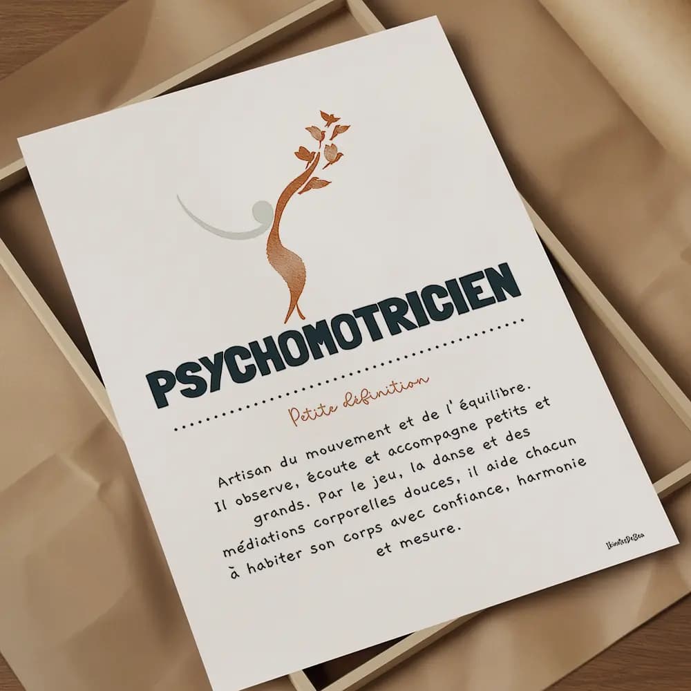 Dessin du symbole de psychomotricien à moitié fleuri accompagné d’une définition poétique du métier de psychomotricien