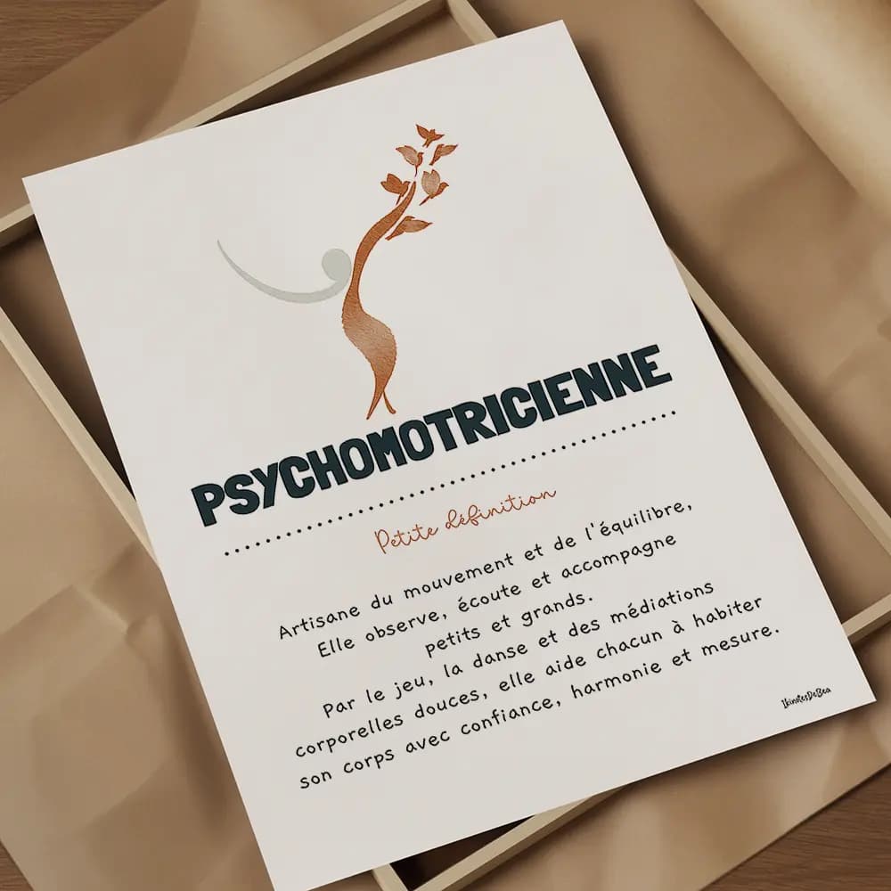 Dessin du symbole de psychomotricienne à moitié fleuri accompagné d’une définition poétique du métier de psychomotricienne