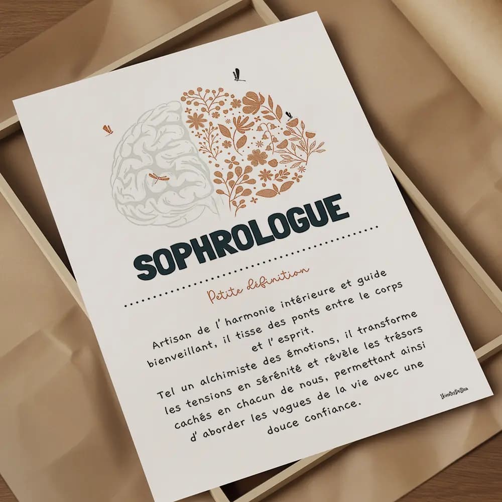 Définition sophrologue Dessin d’un cerveau à moitié fleuri accompagné d’une définition poétique du métier de sophrologue