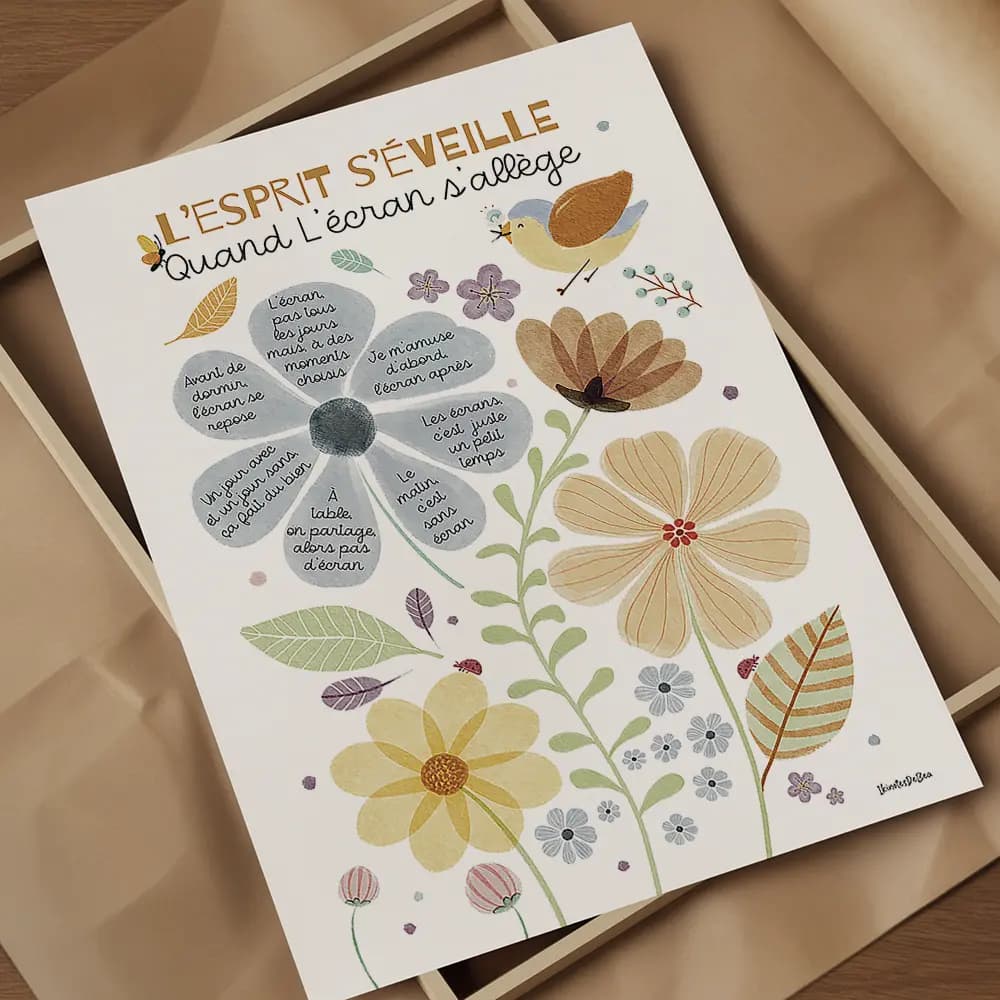 L'esprit s'éveille quand l'écran s'allège Dessin doux de fleurs et de nature contenant des texte sur l'utilisation des écrans