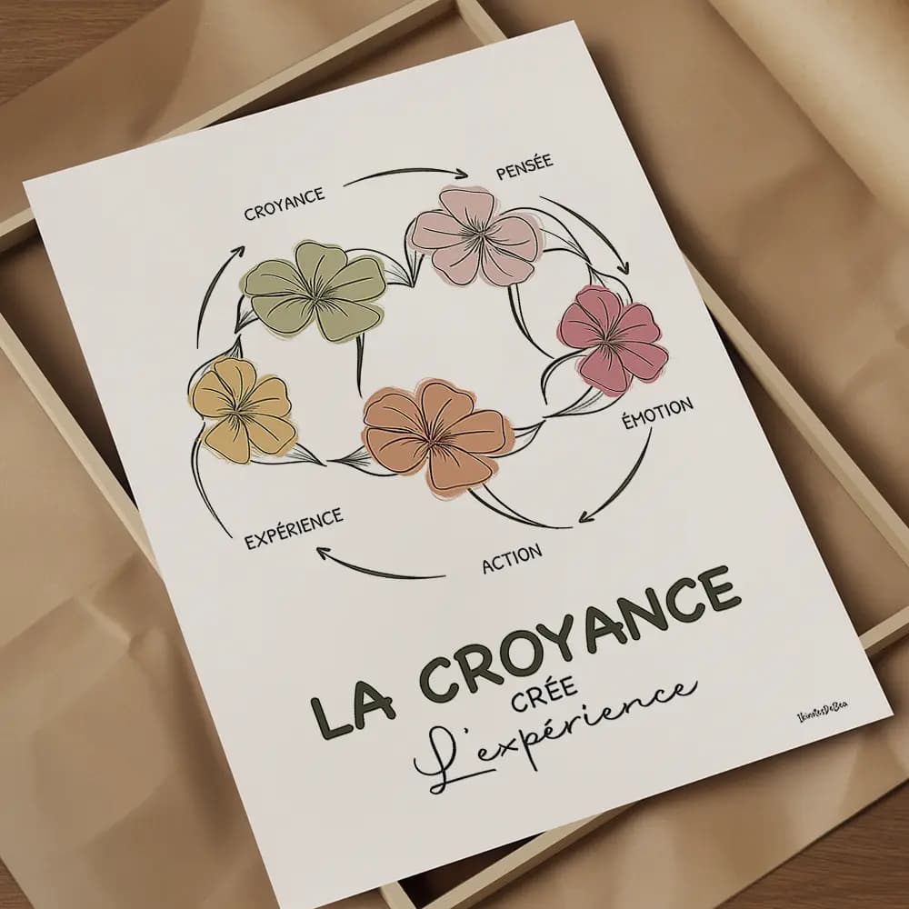 La croyance crée l'expérience Dessin d'un cercle de cinq fleurs qui représente le schéma de croyance