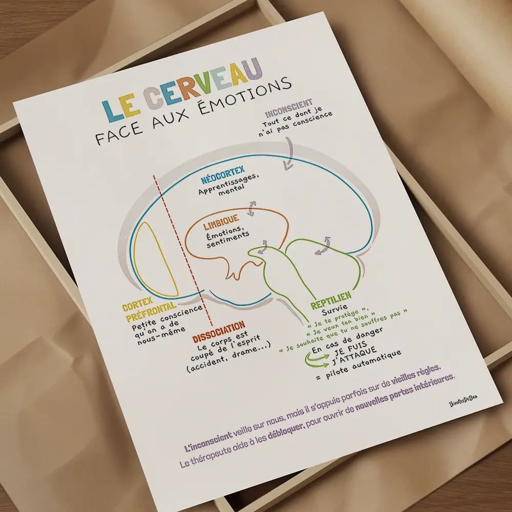Illustration d’un cerveau simplifié montrant en couleurs les zones liées aux émotions.