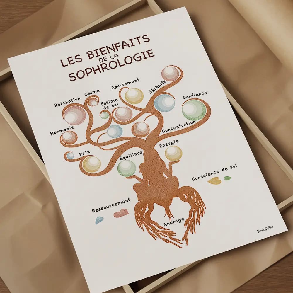 Les bienfaits de la sophrologie Arbre de vie représenté par une silhouette de femme reliée à la terre par des racines et dont les feuilles sont des bulles colorées