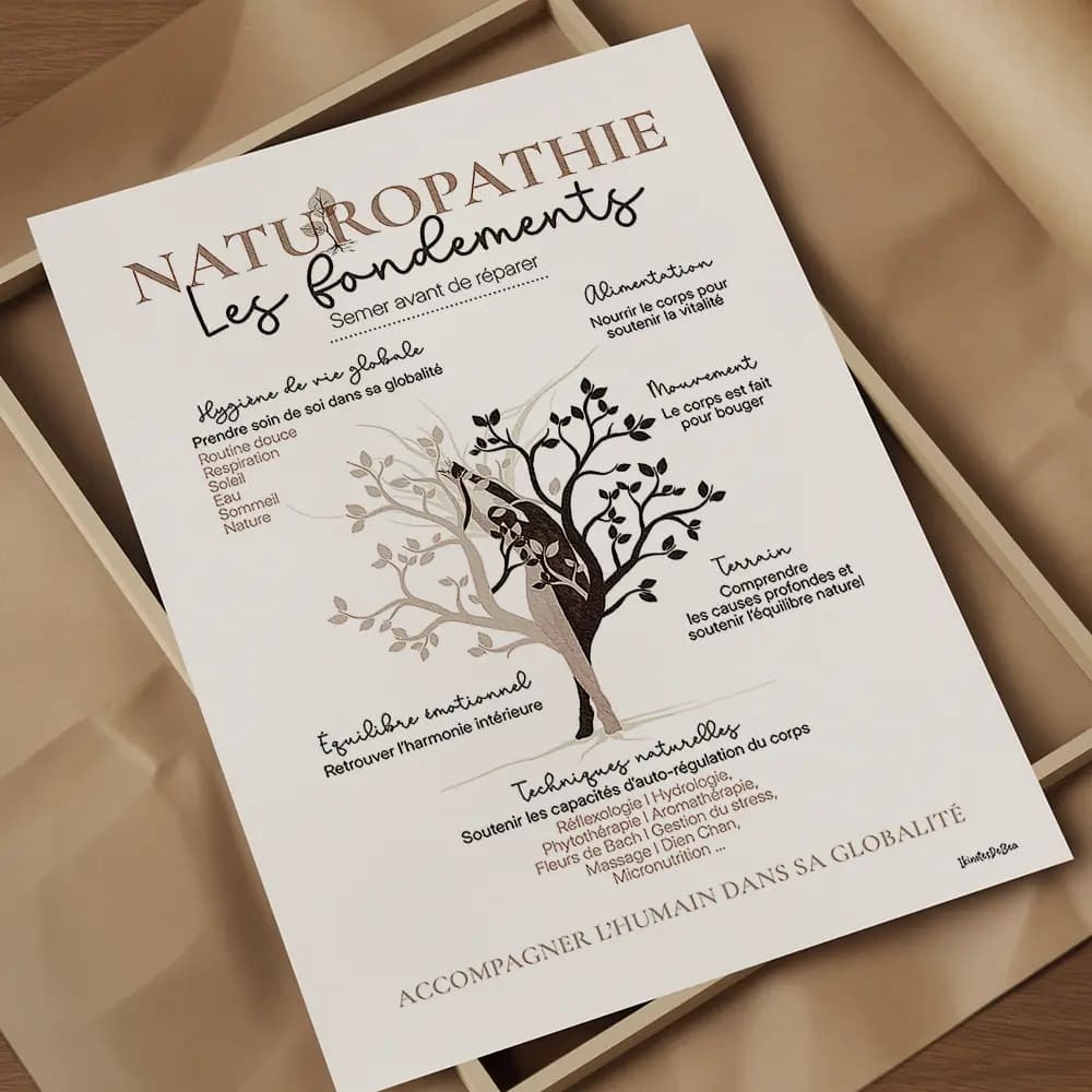 Les fondements de la naturopathie Personnage fusionné à un arbre entouré des fondements de la naturopathie dans des tons doux beige et chocolat.