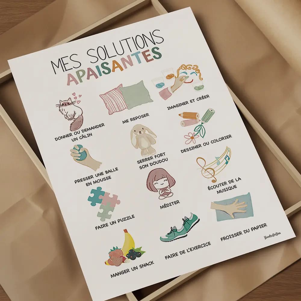 Douze dessins mignons, à la craie grasse, de solutions apaisantes pour enfant