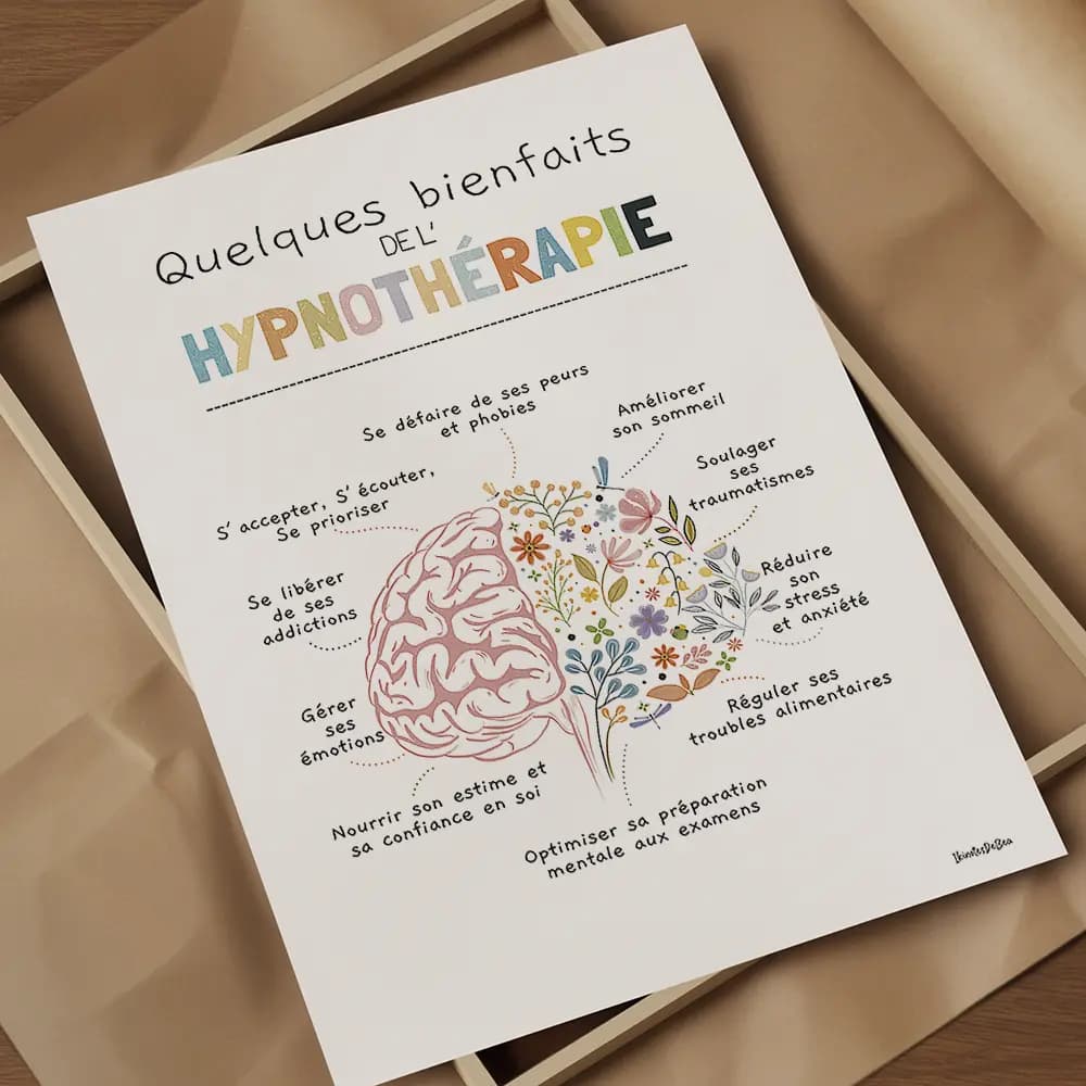 Quelques bienfaits de l'hypnothérapie Dessin d'un cerveau dont la moitié est composé de fleurs avec une liste de bienfaits de l'hypnothérapie