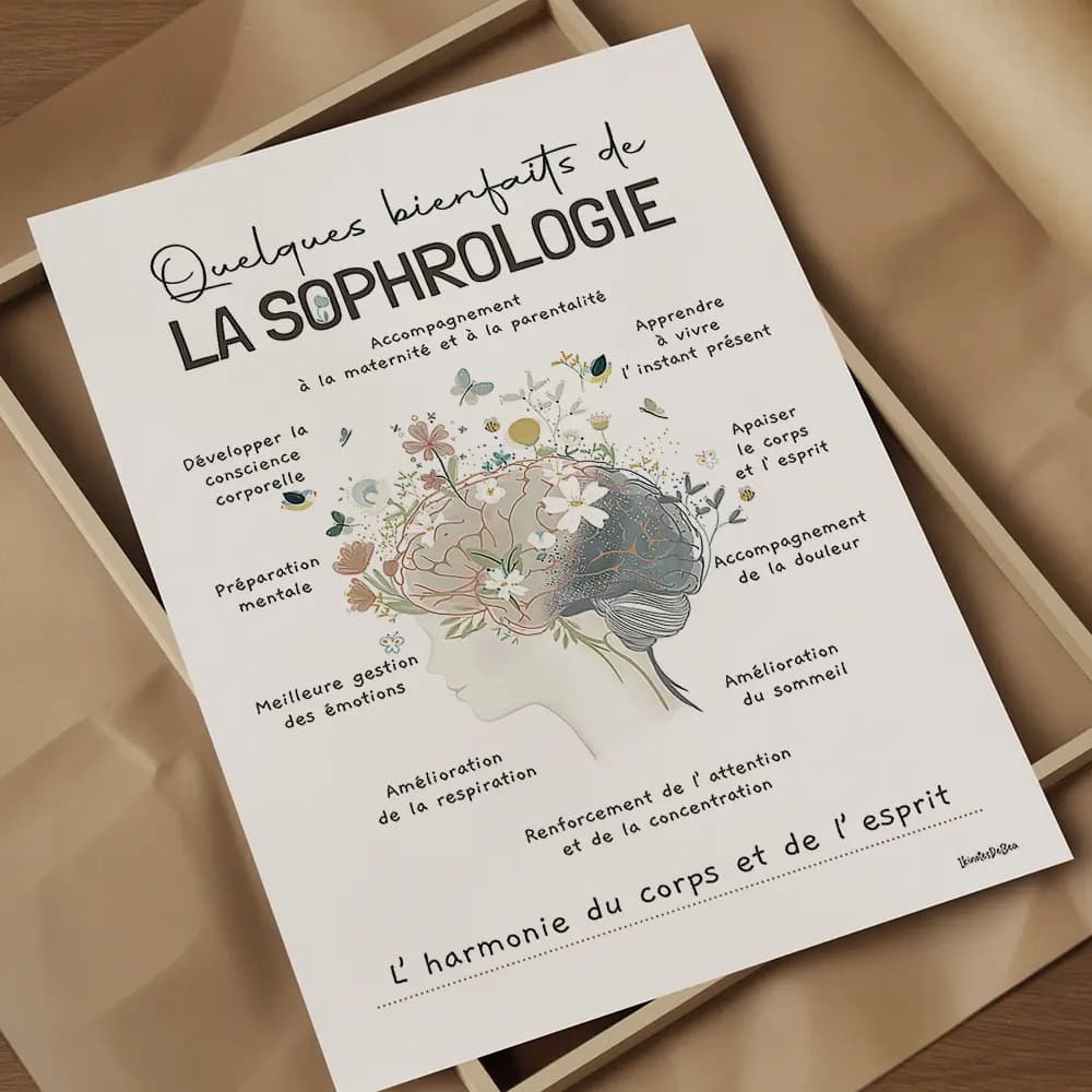 Quelques bienfaits de la sophrologie Dessin d'un visage surmonté d'un cerveau fleuri listant les bienfait de la sophrologie