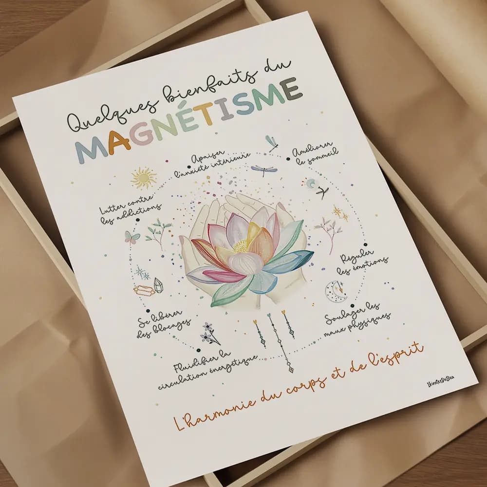 Quelques bienfaits du magnétisme Dessin d'un lotus au centre entouré d'éléments graphique en lien avec le magnétisme