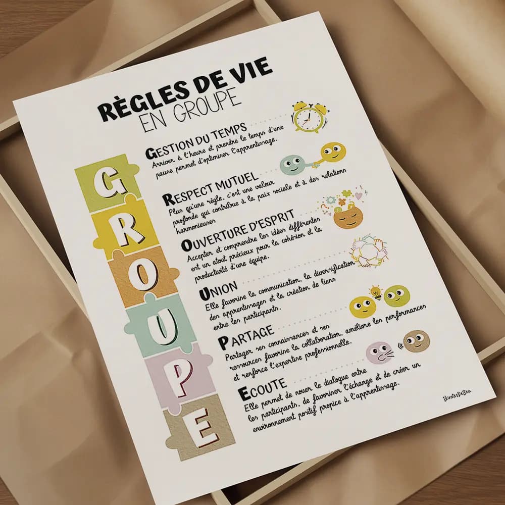 Infographie dont les lettres principales du mot "GROUPE" sont dessinées dans des pièces de puzzle et accompagnées d'un petit dessin ludique