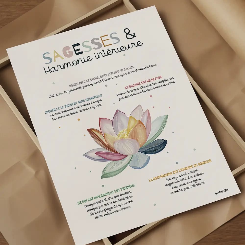 Sagesses et harmonie intérieure Dessin coloré d'un lotus au centre entouré de conseils de sagesse aux couleurs pastel