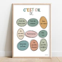 C'est OK de … Infographie composée de 9 ovales irréguliers de couleur boho avec une liste de messages de ce qu'il est OK de faire