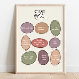 C'est OK de ... Infographie composée de 9 ovales irréguliers de couleur pastel avec une liste de messages de ce qu'il est OK de faire