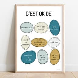 C'est OK de... Infographie composée de 9 ovales irréguliers de couleur paon avec une liste de messages de ce qu'il est OK de faire