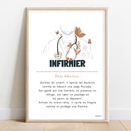 Définition infirmier Illustration orangée montrant un infirmier entouré d’un stéthoscope fleuri, de papillons et une définition poétique du métier