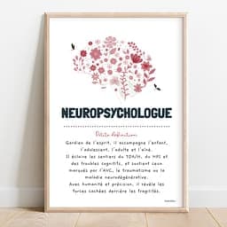 Définition neuropsychologue Illustration rose d’un cerveau fleuri, avec un texte poétique définissant le rôle du neuropsychologue.