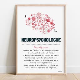Définition neuropsychologue Illustration rose d’un cerveau fleuri, avec un texte poétique définissant le rôle du neuropsychologue.