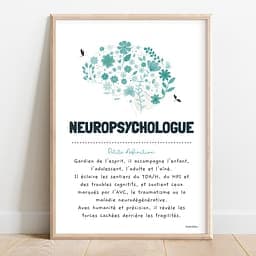 Définition neuropsychologue Illustration turquoise d’un cerveau fleuri, avec un texte poétique définissant le rôle du neuropsychologue.
