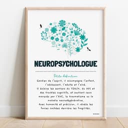 Définition neuropsychologue Illustration turquoise d’un cerveau fleuri, avec un texte poétique définissant le rôle du neuropsychologue.