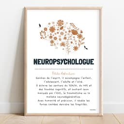 Définition neuropsychologue Illustration orangée d’un cerveau fleuri, avec un texte poétique définissant le rôle du neuropsychologue.