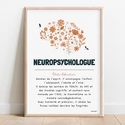 Définition neuropsychologue Illustration orangée d’un cerveau fleuri, avec un texte poétique définissant le rôle du neuropsychologue.