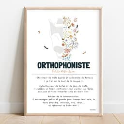 Définition orthophoniste version colorée Dessin d'un larynx dont la moitié droite est composée de fleurs colorées avec la définition de l'orthophoniste.