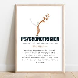 Définition psychomotricien Dessin du symbole de psychomotricien à moitié fleuri accompagné d’une définition poétique du métier de psychomotricien