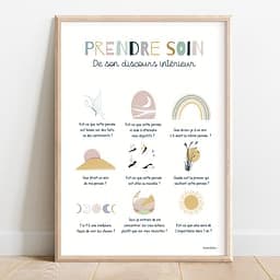 Prendre soin de son discours intérieur Affiche composée de neuf dessins abstraits aux couleurs pastel chacun est accompagnée d'un message pour prendre soin de soi