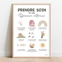 Prendre soin de son discours intérieur Affiche composée de neuf dessins abstraits aux couleurs sunshine chacun est accompagnée d'un message pour prendre soin de son discours intérieur