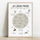 Je lâche prise Dessin de textes au centre d'un cercle coloré entouré d'autres textes et de dessin de quatre oiseaux