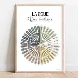 La roue des émotions Roue des émotions en dégradé de couleurs avec des sentiments allant de la colère et peur à la joie, calme et surprise.
