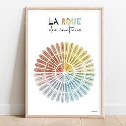 La roue des émotions Roue des émotions en dégradé de couleurs avec des sentiments allant de la colère et peur à la joie, calme et surprise.