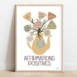 Affirmations positives Dessin d'un ressemblant à une théière remplis de fleurs comportant chacune une affirmation positive