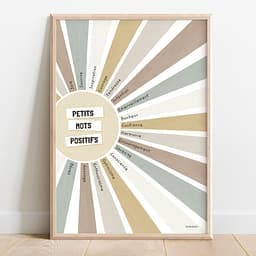 Petits mots positifs Dessin d'un soleil aux couleurs aquarelle dont chaque rayon coloré contient un mot positif.