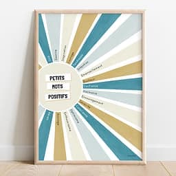 Petits mots positifs Dessin d'un soleil aux couleurs aquarelle dont chaque rayon coloré contient un mot positif.