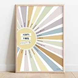 Petits mots positifs Dessin d'un soleil aux couleurs pastels dont chaque rayon coloré contient un mot positif.