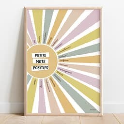 Petits mots positifs Dessin d'un soleil aux couleurs aquarelle dont chaque rayon coloré contient un mot positif.