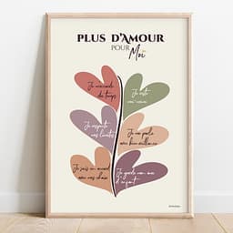 Plus d'amour pour moi Dessin abstrait d'une plante dont les feuilles, en forme de coeurs colorées, sont des affirmations positives.