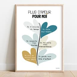 Plus d'amour pour moi Dessin abstrait d'une plante dont les feuilles, en forme de coeurs colorées, sont des affirmations positives.