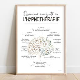 Quelques bienfaits de l'hypnothérapie Dessin d'un cerveau dont la moitié est composé de fleurs avec une liste de bienfaits de l'hypnothérapie