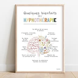 Quelques bienfaits de l'hypnothérapie Dessin d'un cerveau dont la moitié est composé de fleurs avec une liste de bienfaits de l'hypnothérapie