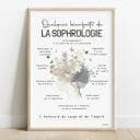 Quelques bienfaits de la sophrologie Dessin d'un visage surmonté d'un cerveau fleuri listant les bienfait de la sophrologie